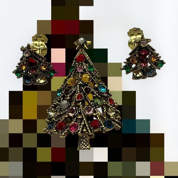 Hollycraft Vintage Christmas Tree Pin w/Matching Clip Earrings MCM Collectible - Picture 5 of 16